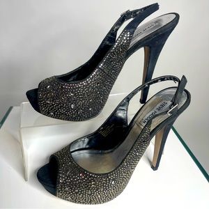 Black Peep-Toe Platform Formal, Party, Prom, Birthday Heels w/ Rhinestones